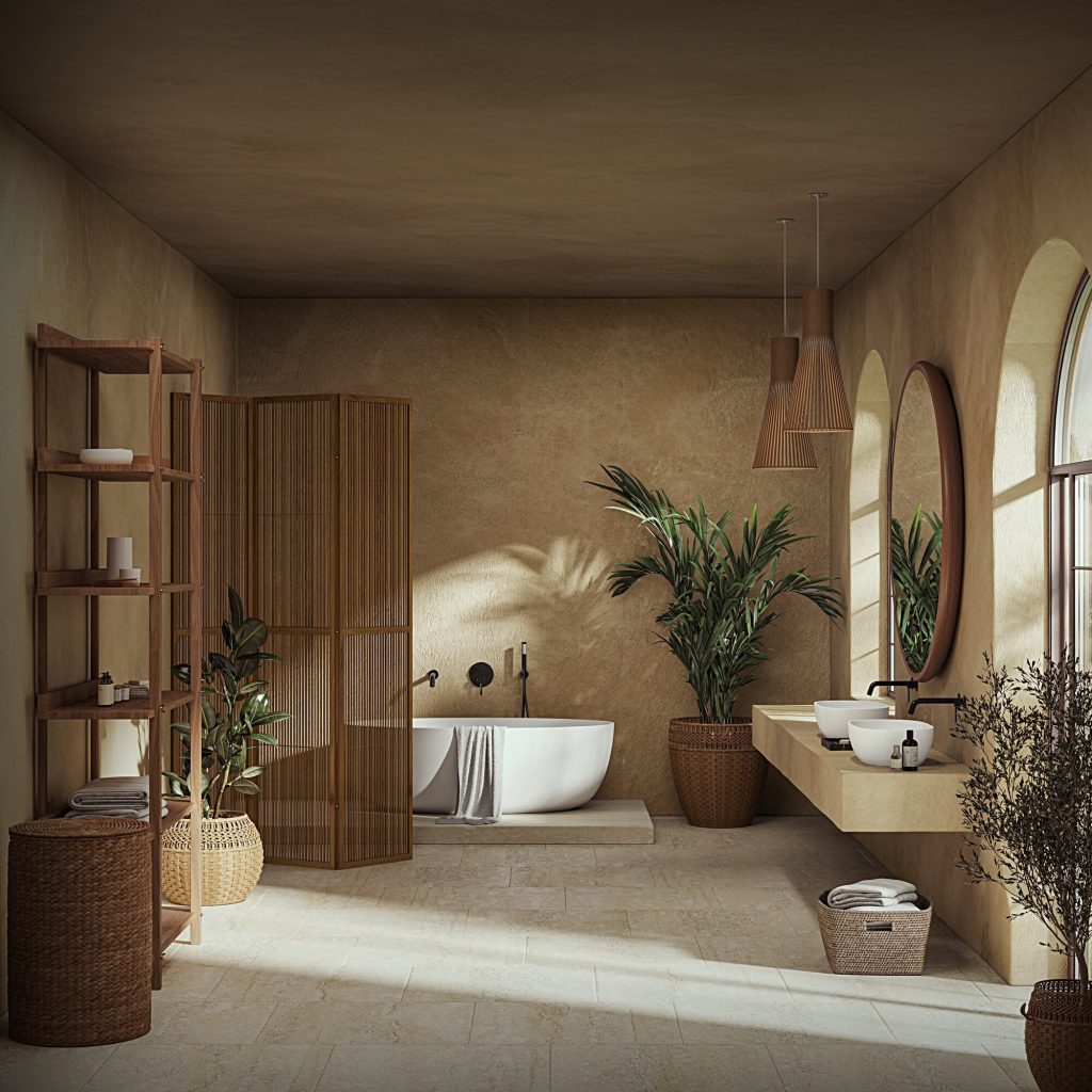 Contemporary bathroom space with warm accents 