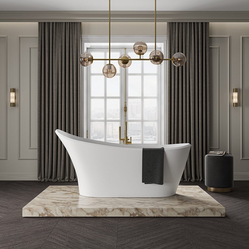 Rolltop white bath in a luxurious bathroom space