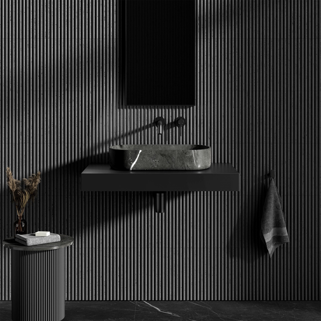 Fiore Pietra Grey Marble Countertop Basin in a moody, contemporary bathroom