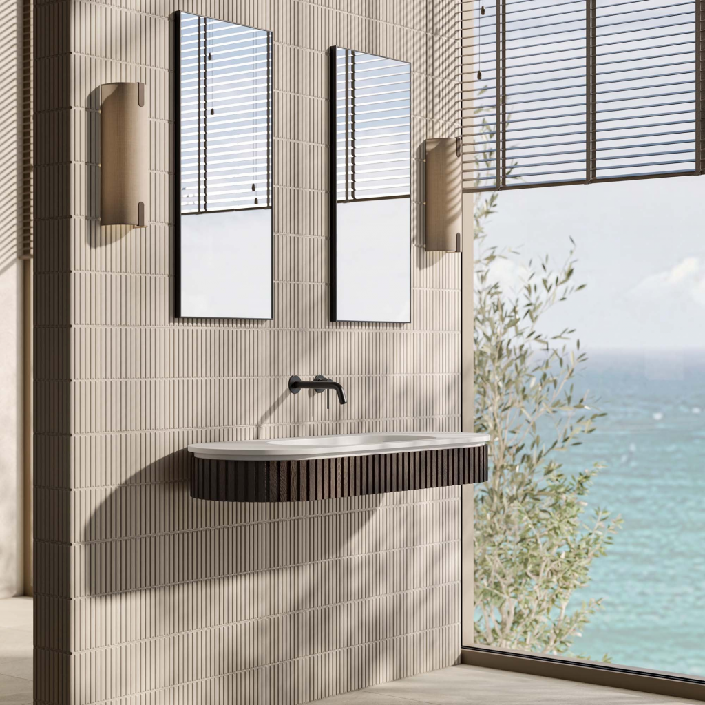 Comano White Walnut Basin in a light, airy modern bathroom setting