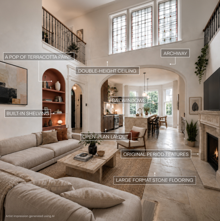 Luxury open plan kitchen & living room with arrows highlighting features