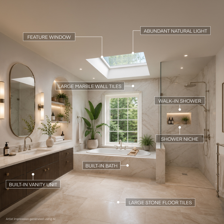 Luxury beige bathroom with annotations identifying features and objects used