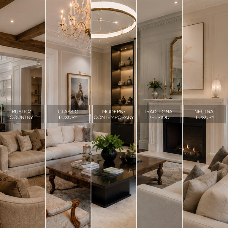 5 vertical rectangles showing different room styles with the text for each in the middle