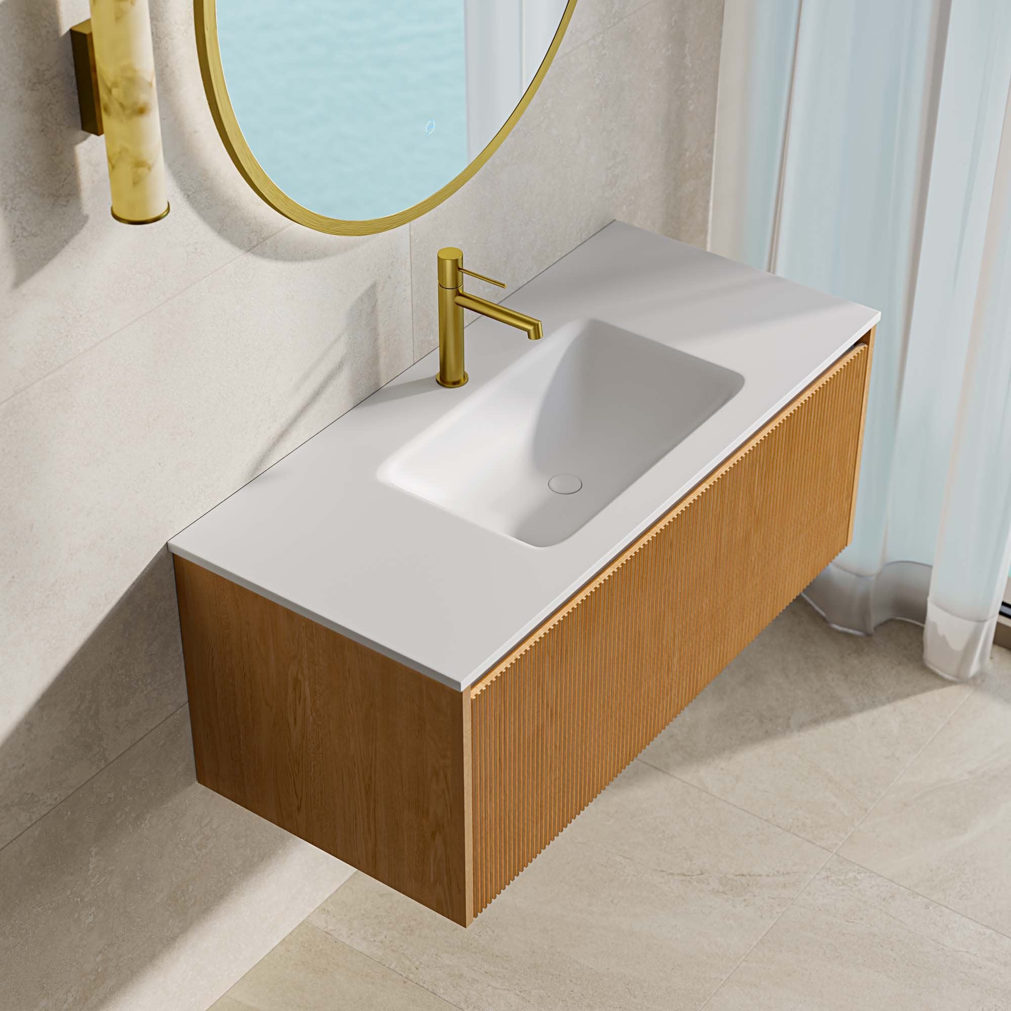 White countertop wall hung wood vanity unit with a gold tap in a bright bathroom with gold mirror and wall sconce