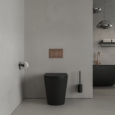 Faro Matt Black Back To Wall Rimless Toilet with Concealed Cistern and Brushed Copper Flush Plate