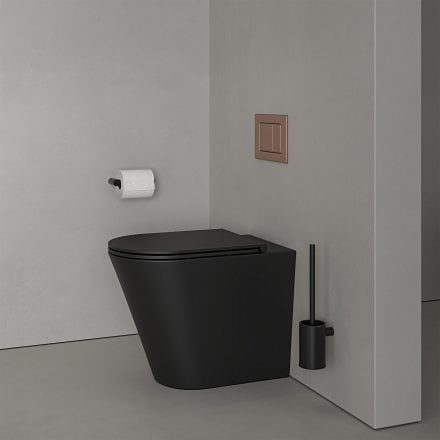 Faro Matt Black Back To Wall Rimless Toilet with Concealed Cistern and Brushed Copper Flush Plate
