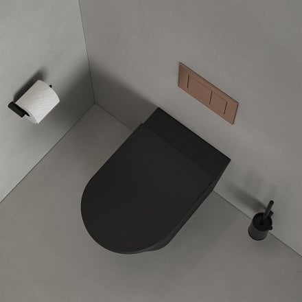 Faro Matt Black Back To Wall Rimless Toilet with Concealed Cistern and Brushed Copper Flush Plate
