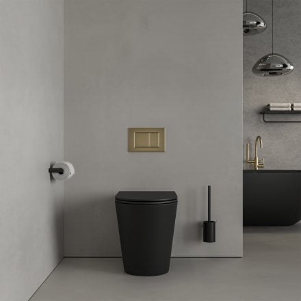 Faro Matt Black Back To Wall Rimless Toilet with Concealed Cistern and Brushed Gold Flush Plate