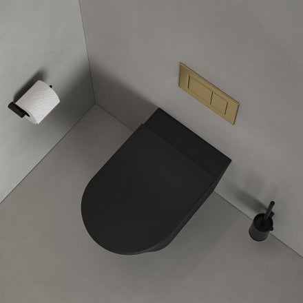 Faro Matt Black Back To Wall Rimless Toilet with Concealed Cistern and Brushed Gold Flush Plate