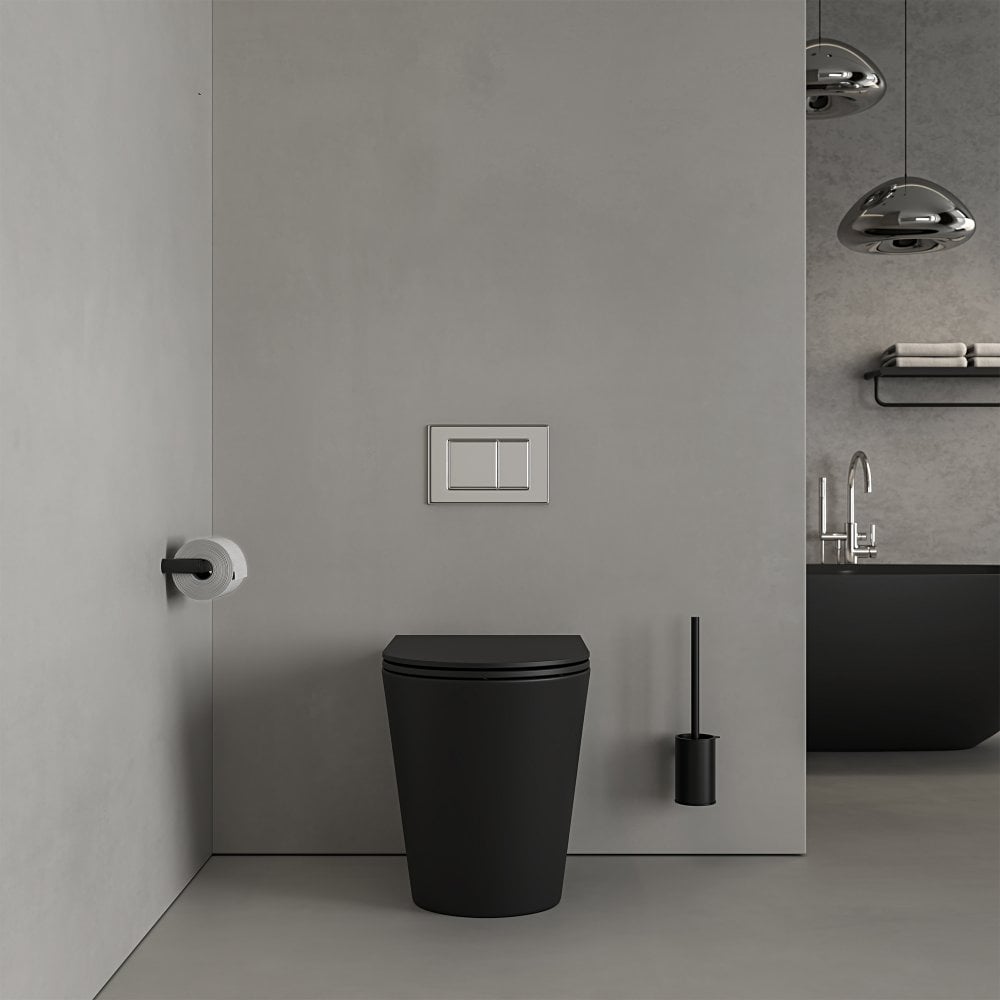 Faro Matt Black Back To Wall Rimless Toilet with Concealed Cistern and Chrome Flush Plate