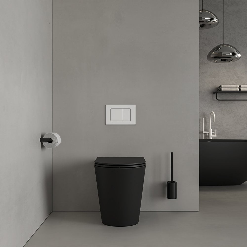 Faro Matt Black Back To Wall Rimless Toilet with Concealed Cistern and Matt White Flush Plate