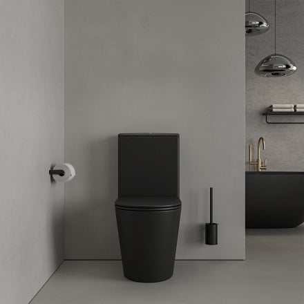 Faro Matt Black Close Coupled Toilet with Brushed Gold Push Button Flush