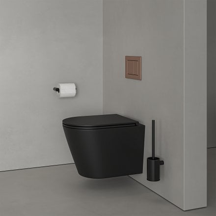 Faro Matt Black Wall Hung Rimless Toilet with Concealed Frame Cistern and Brushed Copper Flush Plate