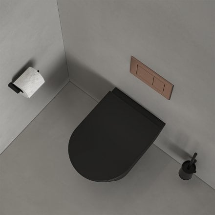 Faro Matt Black Wall Hung Rimless Toilet with Concealed Frame Cistern and Brushed Copper Flush Plate