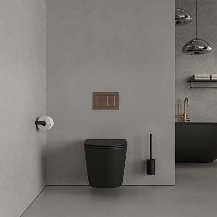 Faro Matt Black Wall Hung Rimless Toilet with Concealed Frame Cistern and Brushed Copper Flush Plate