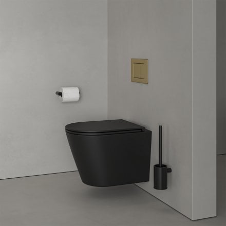 Faro Matt Black Wall Hung Rimless Toilet with Concealed Frame Cistern and Brushed Gold Flush Plate