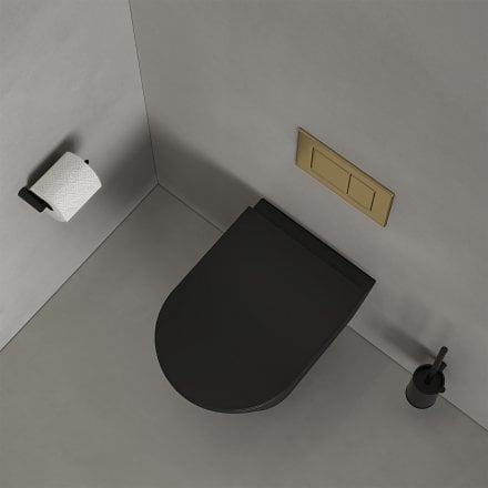 Faro Matt Black Wall Hung Rimless Toilet with Concealed Frame Cistern and Brushed Gold Flush Plate