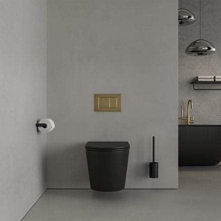 Faro Matt Black Wall Hung Rimless Toilet with Concealed Frame Cistern and Brushed Gold Flush Plate