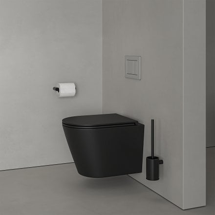 Faro Matt Black Wall Hung Rimless Toilet with Concealed Frame Cistern and Brushed Stainless Flush Plate