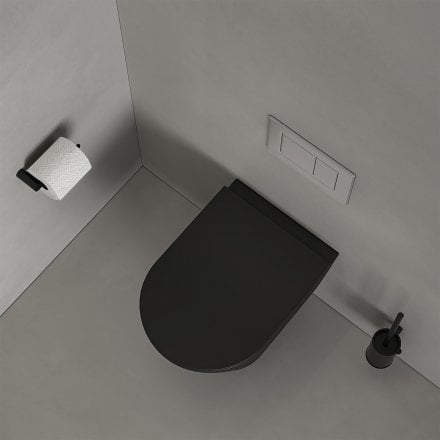 Faro Matt Black Wall Hung Rimless Toilet with Concealed Frame Cistern and Brushed Stainless Flush Plate