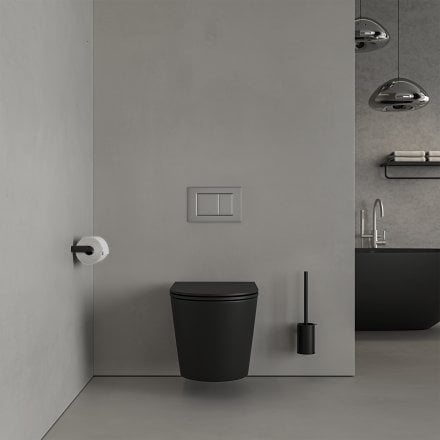 Faro Matt Black Wall Hung Rimless Toilet with Concealed Frame Cistern and Brushed Stainless Flush Plate