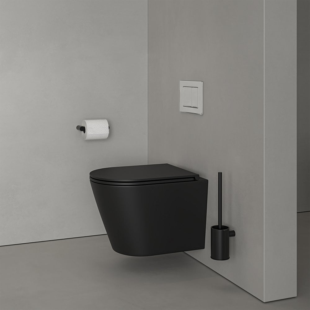 Faro Matt Black Wall Hung Rimless Toilet with Concealed Frame Cistern and Chrome Flush Plate