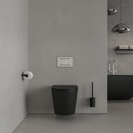 Faro Matt Black Wall Hung Rimless Toilet with Concealed Frame Cistern and Chrome Flush Plate