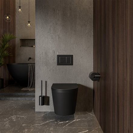 Faro Matt Black Wall Hung Rimless Toilet with Concealed Frame Cistern and Matt Black Flush Plate