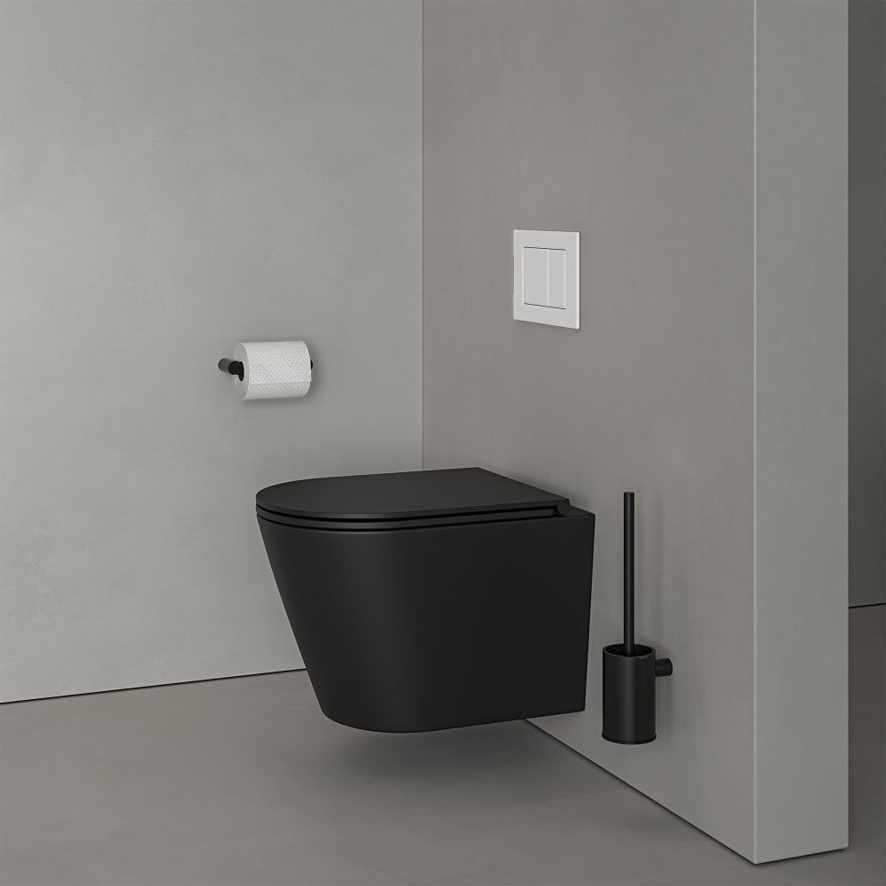 Faro Matt Black Wall Hung Rimless Toilet with Concealed Frame Cistern and Matt White Flush Plate