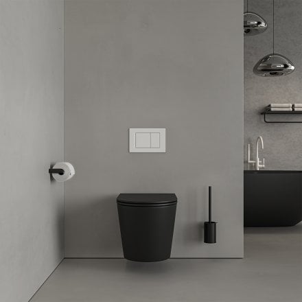 Faro Matt Black Wall Hung Rimless Toilet with Concealed Frame Cistern and Matt White Flush Plate