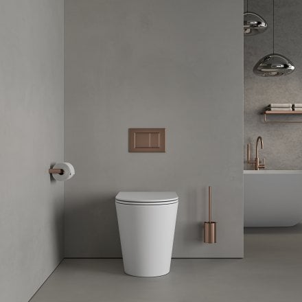 Faro Matt White Back To Wall Rimless Toilet with Concealed Cistern and Brushed Copper Flush Plate