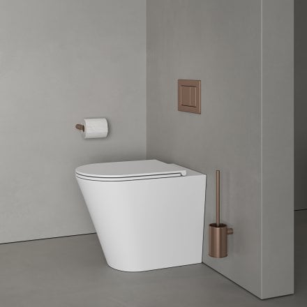 Faro Matt White Back To Wall Rimless Toilet with Concealed Cistern and Brushed Copper Flush Plate