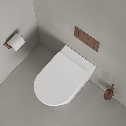 Faro Matt White Back To Wall Rimless Toilet with Concealed Cistern and Brushed Copper Flush Plate
