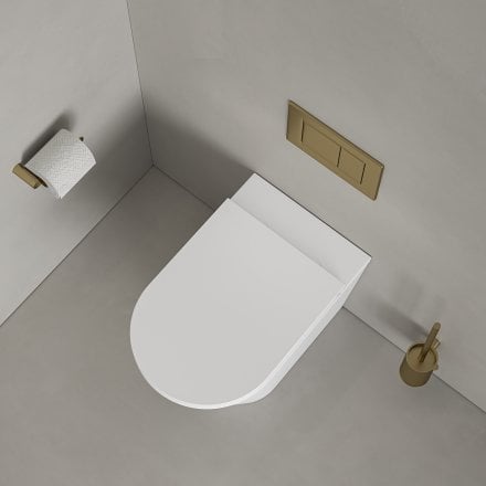Faro Matt White Back To Wall Rimless Toilet with Concealed Cistern and Brushed Gold Flush Plate