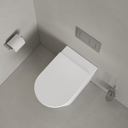 Faro Matt White Back To Wall Rimless Toilet with Concealed Cistern and Brushed Stainless Flush Plate