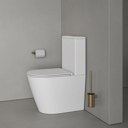 Faro Matt White Close Coupled Toilet with Brushed Gold Push Button Flush
