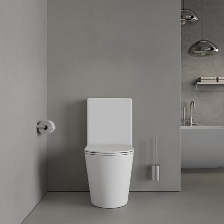Faro Matt White Close Coupled Toilet with Brushed Stainless Push Button Flush