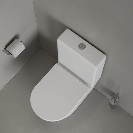 Faro Matt White Close Coupled Toilet with Brushed Stainless Push Button Flush