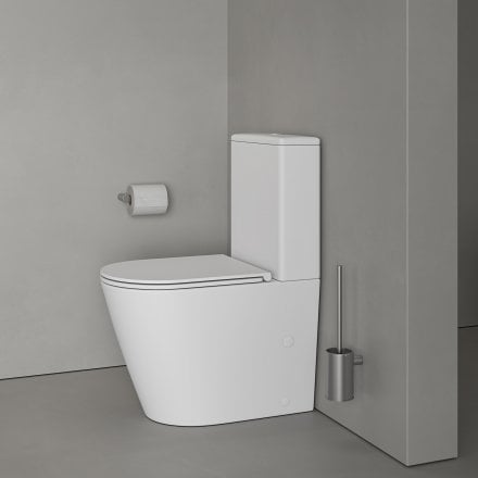 Faro Matt White Close Coupled Toilet with Brushed Stainless Push Button Flush