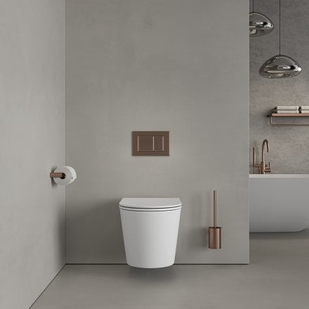 Faro Matt White Wall Hung Rimless Toilet with Concealed Frame Cistern and Brushed Copper Flush Plate