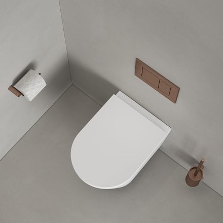 Faro Matt White Wall Hung Rimless Toilet with Concealed Frame Cistern and Brushed Copper Flush Plate