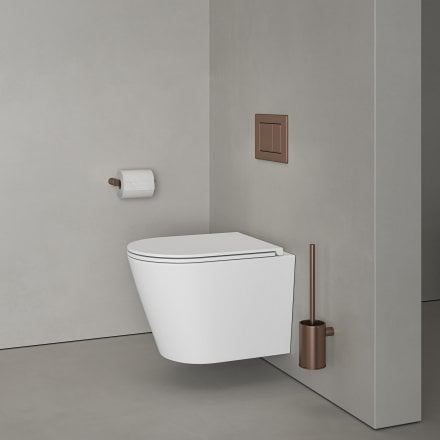 Faro Matt White Wall Hung Rimless Toilet with Concealed Frame Cistern and Brushed Copper Flush Plate