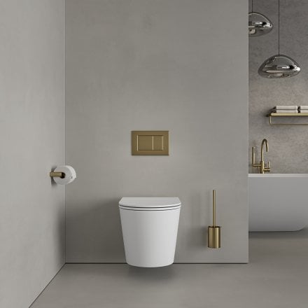 Faro Matt White Wall Hung Rimless Toilet with Concealed Frame Cistern and Brushed Gold Flush Plate