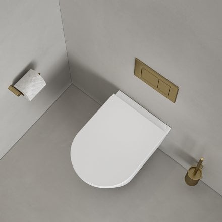 Faro Matt White Wall Hung Rimless Toilet with Concealed Frame Cistern and Brushed Gold Flush Plate