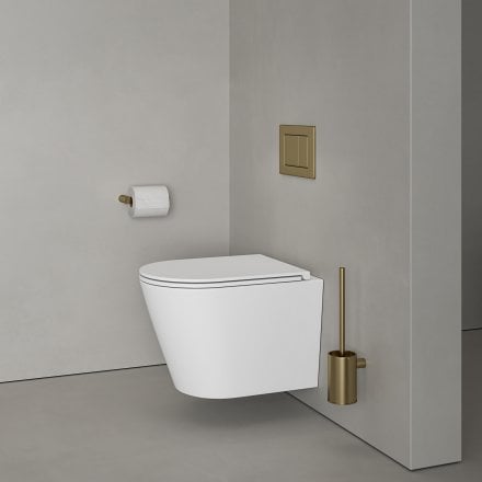 Faro Matt White Wall Hung Rimless Toilet with Concealed Frame Cistern and Brushed Gold Flush Plate