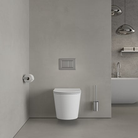 Faro Matt White Wall Hung Rimless Toilet with Concealed Frame Cistern and Brushed Stainless Flush Plate