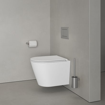 Faro Matt White Wall Hung Rimless Toilet with Concealed Frame Cistern and Brushed Stainless Flush Plate