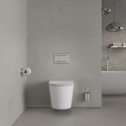 Faro Matt White Wall Hung Rimless Toilet with Concealed Frame Cistern and Chrome Flush Plate