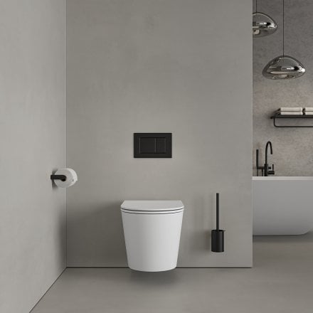 Faro Matt White Wall Hung Rimless Toilet with Concealed Frame Cistern and Matt Black Flush Plate
