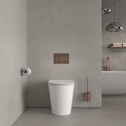 Faro Polished White Back To Wall Rimless Toilet with Concealed Cistern and Brushed Copper Flush Plate